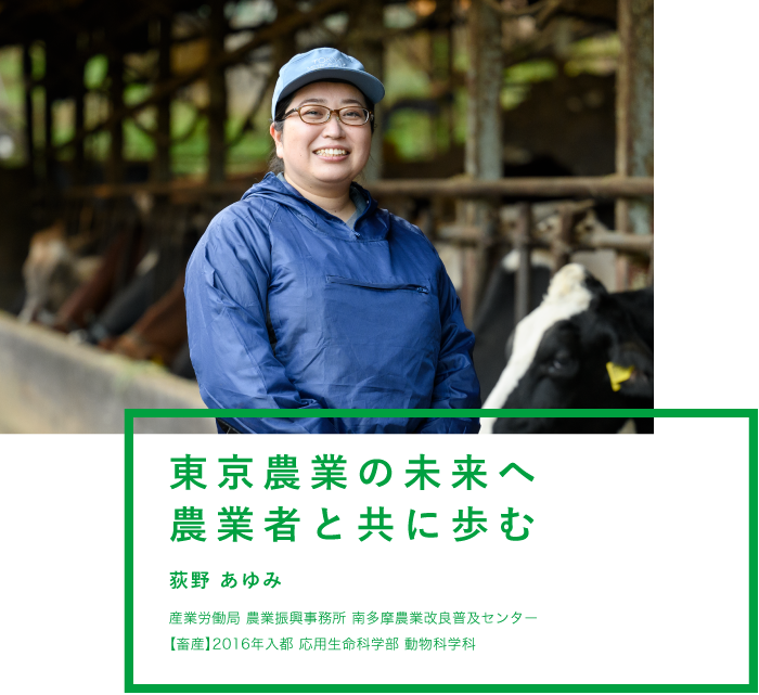 東京農業の未来へ農業者と共に歩む 荻野 あゆみ 産業労働局 農業振興事務所 南多摩農業改良普及センター 【畜産】2016年入都 応用生命科学部 動物科学科