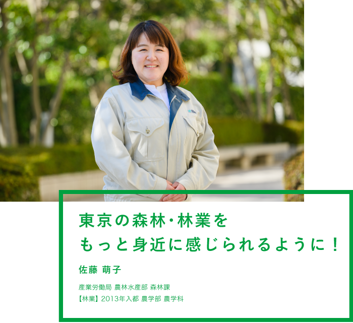 東京の森林・林業をもっと身近に感じられるように！ 佐藤 萌子 産業労働局 農林水産部 森林課【林業】2013年入都 農学部 農学科