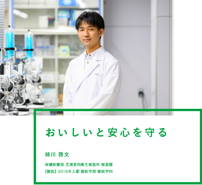 おいしいと安心を守る 姉川 啓文 保健医療局 芝浦食肉衛生検査所 検査課【獣医】2019年入都 獣医学部 獣医学科
